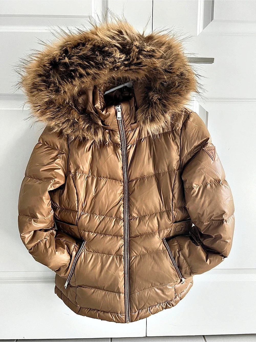 GUESS Faux Fur Hooded Logo Puffer Jacket Brown Medium